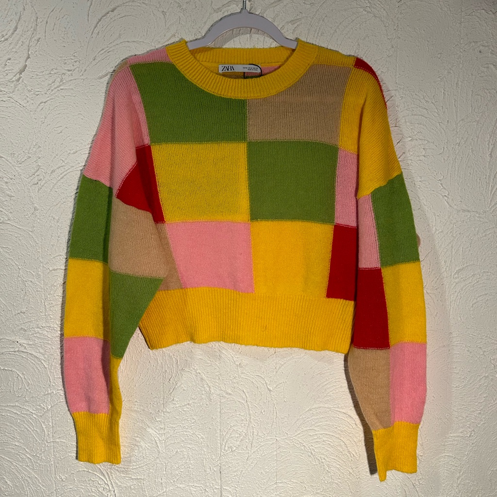 Zara Women Colorblock Square Colorful Short Oversized Sweater Knit Sz Med